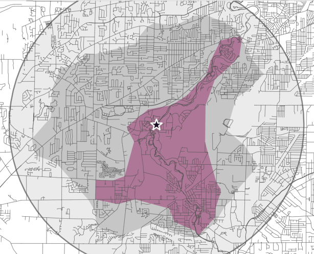 A diagram of realistic biking distance as compared with buffers and driving distance.