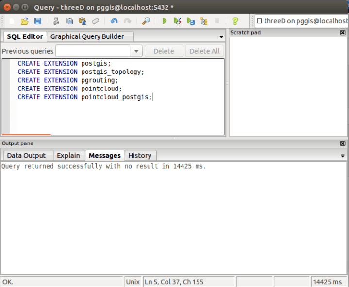 Screen shot of pgAdmin with CREATE EXTENSIONS for all the fun postgresql extensions... .