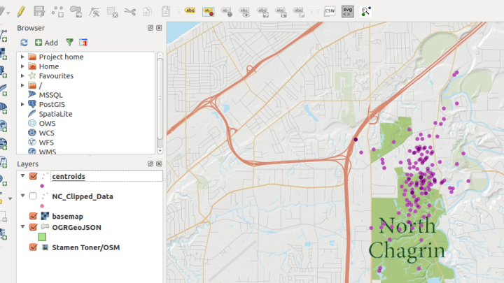 Screenshot of map from postgis
