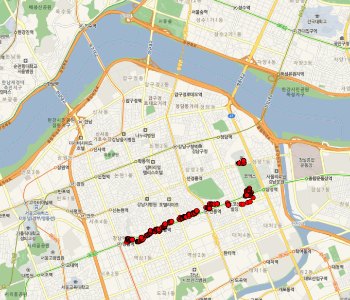 Naver map with photo locations overlayed as red dots