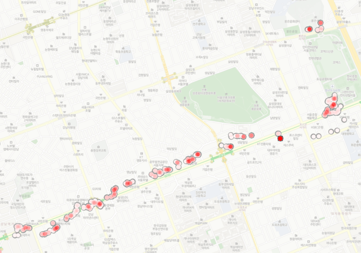 Capture of map showing overlap of points with saturation of color increasing where overlaps exist.
