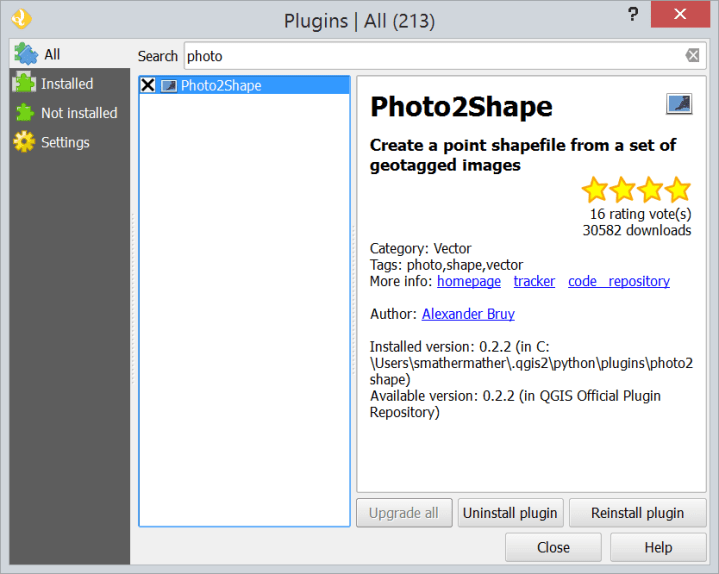 Screen snapshot of photo2shape plugin install screen