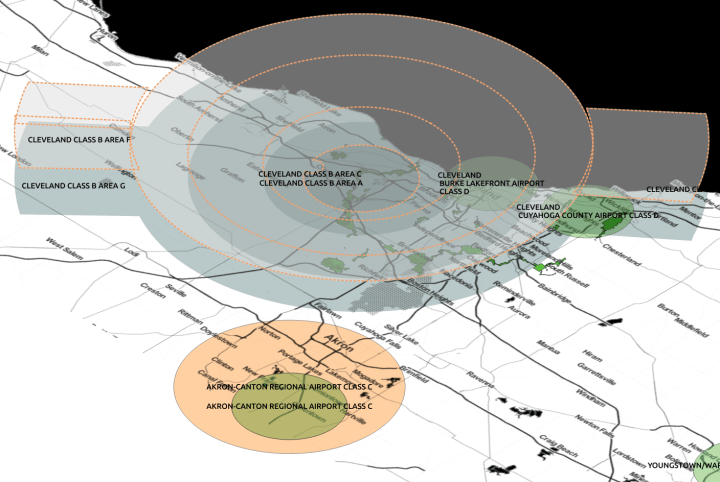Image of Cleveland airspace with Stamen Toner map as backdrop