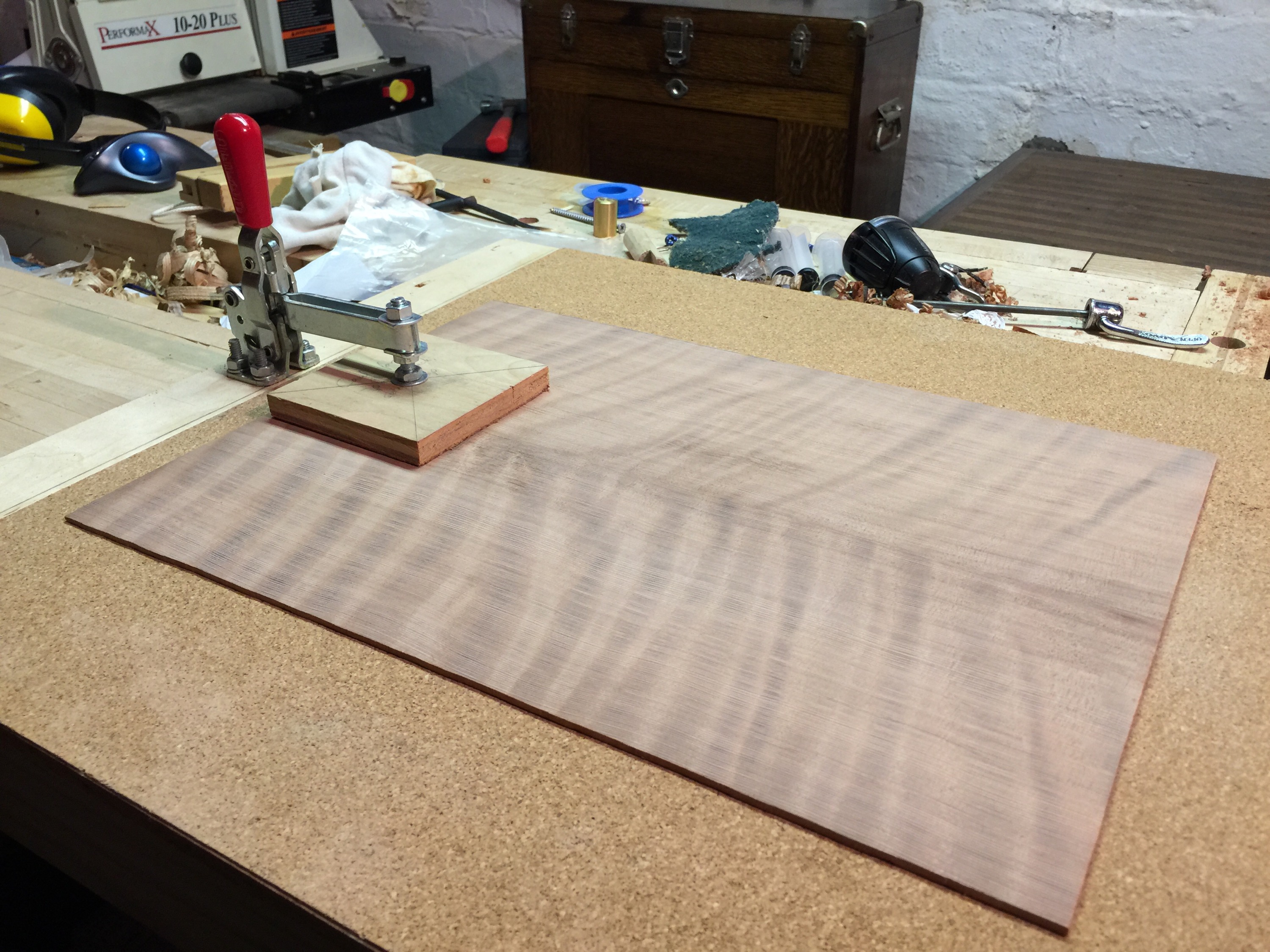 Curly Redwood Top -- jointed and sanded to thickness. This is the face of the future tenor guitar.