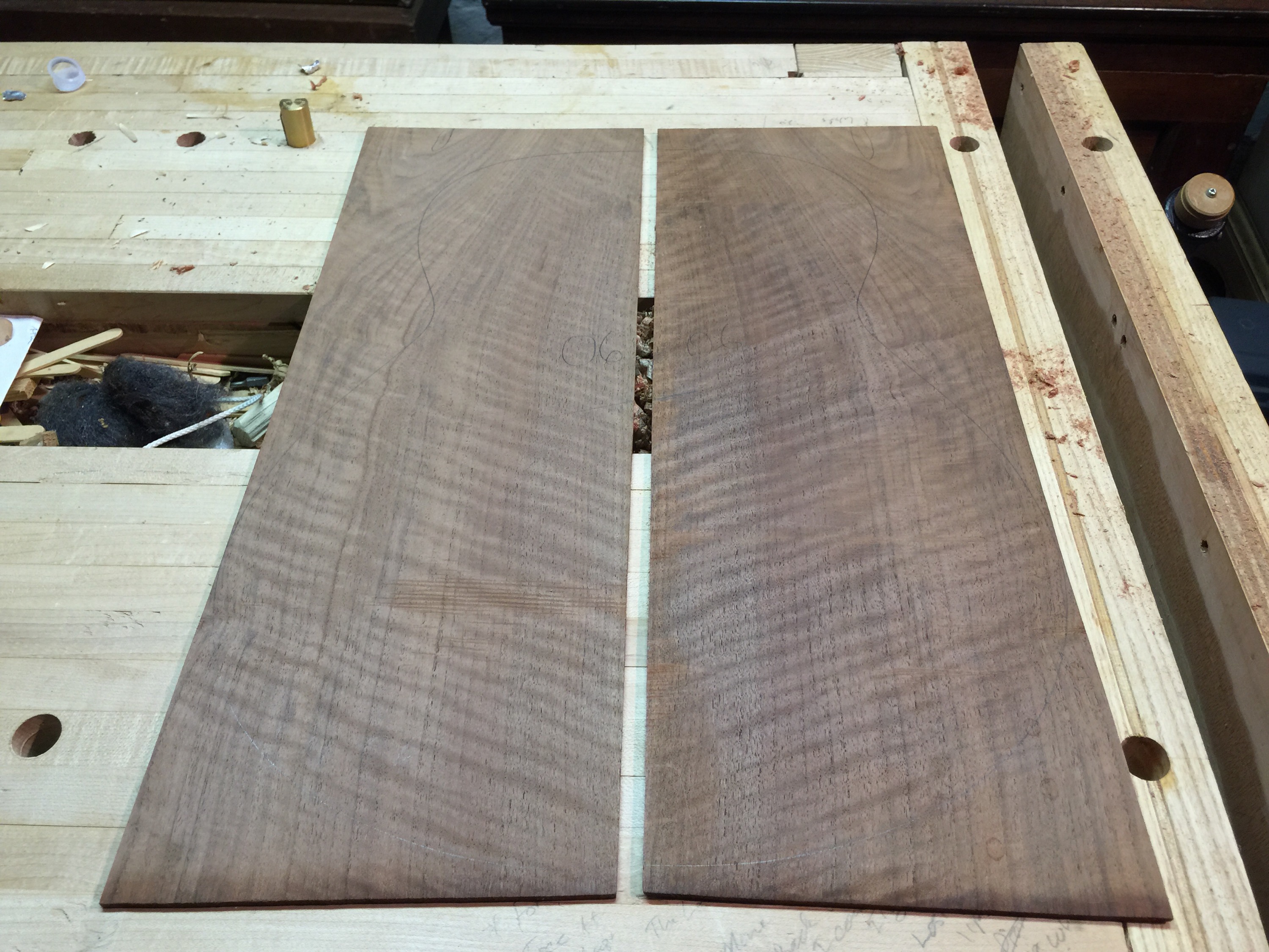 Curly Claro walnut back -- unjoined. This will be the back of the tenor guitar.