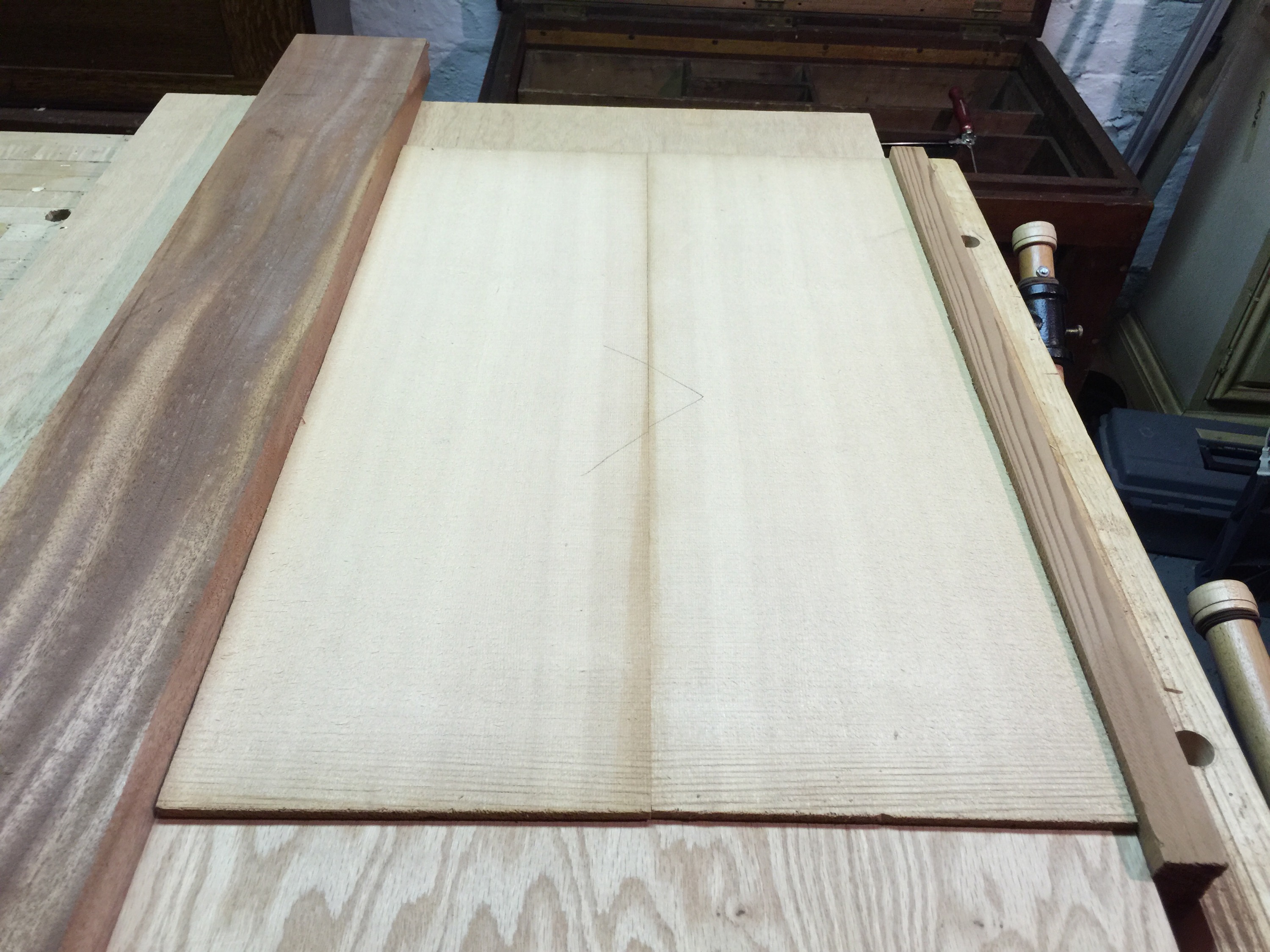 And thus we have a very nicely jointed board Sitka spruce board as a bookmatched pair. It passes the "candling" test handily (hold it up to the light, and look for light gaps).