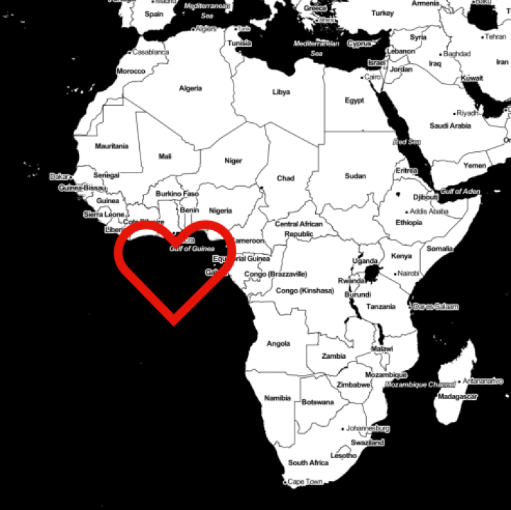 Heart shaped buffer over Null Island.