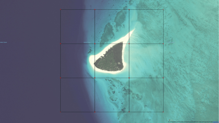 Image over island showing grid of 9 for spliting an aerial dataset