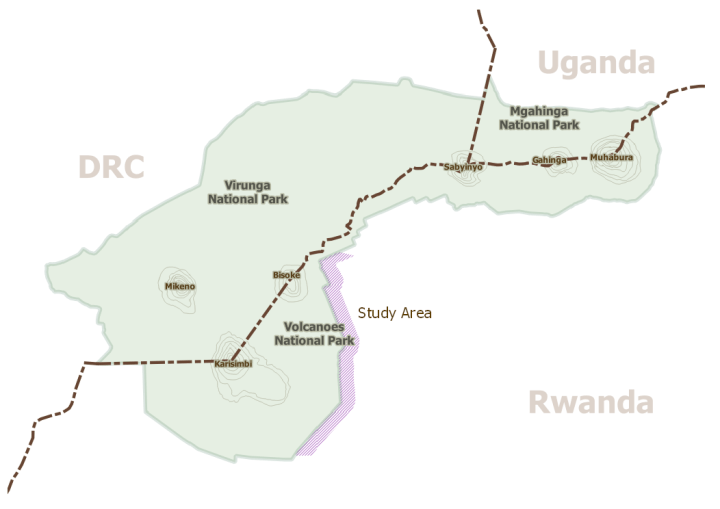 Map of study area near Karisimbi and Bisoke Volcanoes outside Volcanoes National Park.