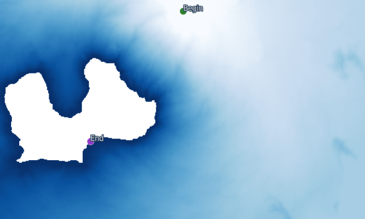 Depiction of cost surface in blue.