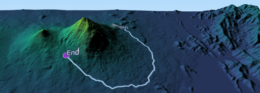 Least-cost path around Volcan Muhabura; or how to avoid volcanos with GRASS GIS in 3D