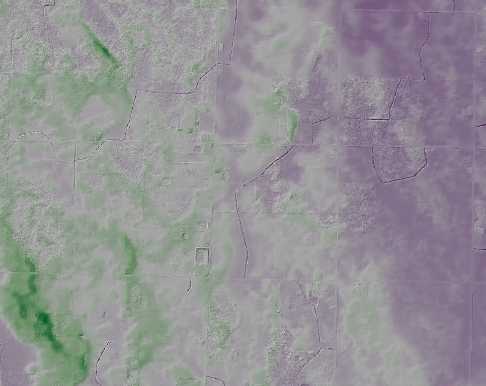 Shaded elevation model in green and purple