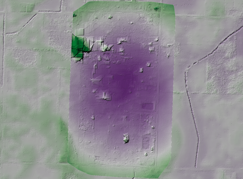 Figure of larger elevation model as processed with brown camera parameters showing bulls-eye pattern