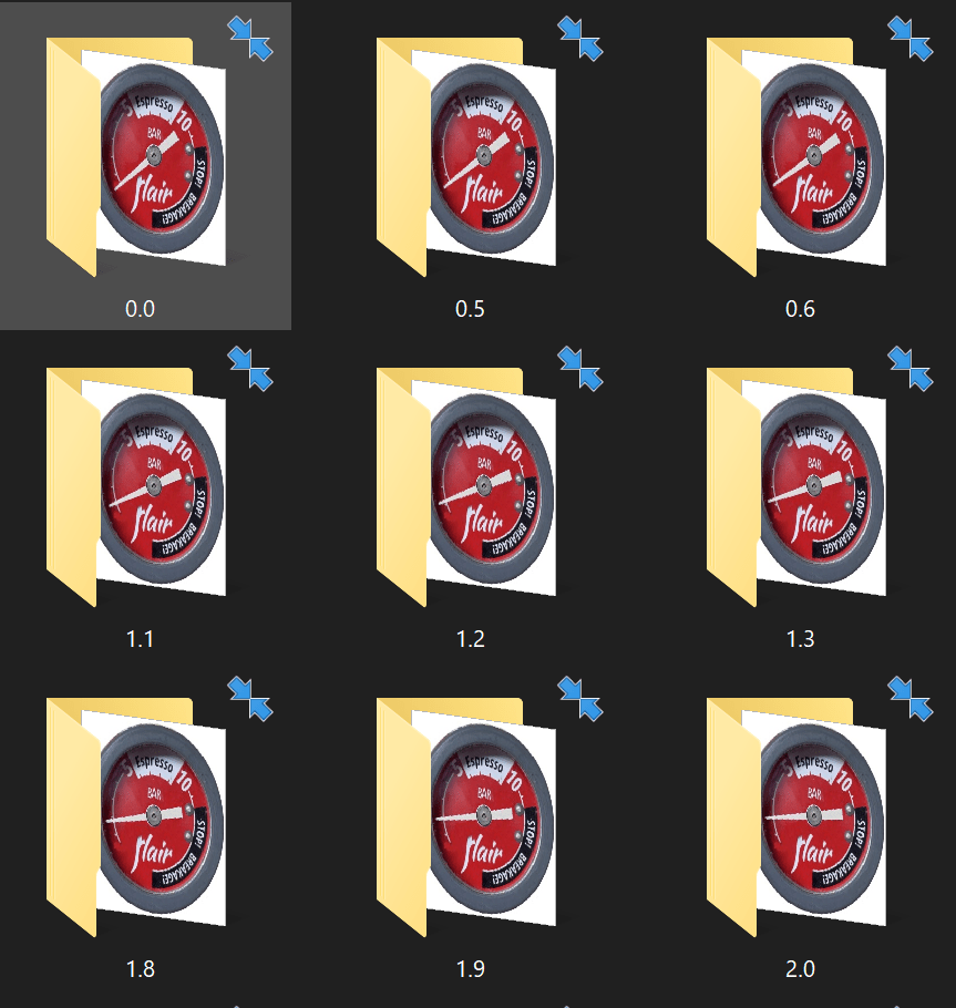 Screenshot of flair gauges at different pressure levels in Windows Explorer filed into directories of their labels