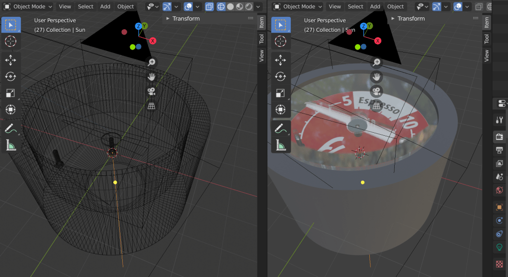 Wire frame (left) and material view mode (right) of Flair Espresso Gauge model