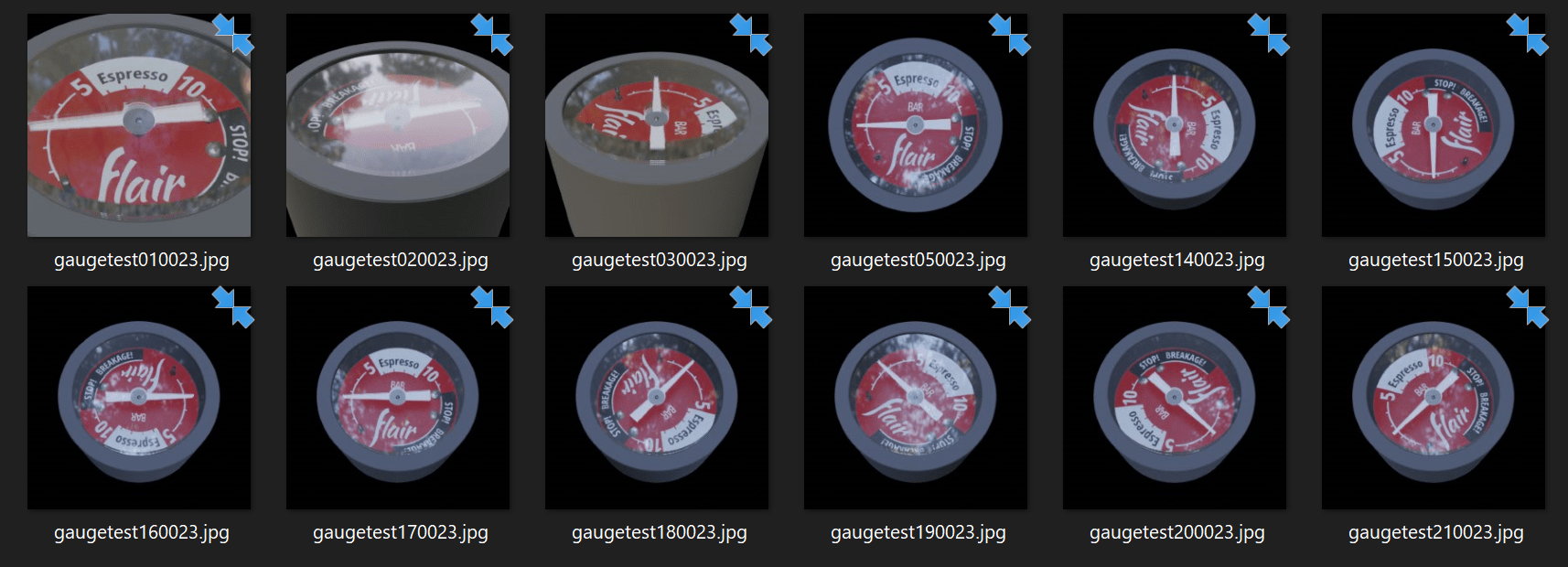 Screen shot of gauge from multiple perspectives and multiple lighting conditions