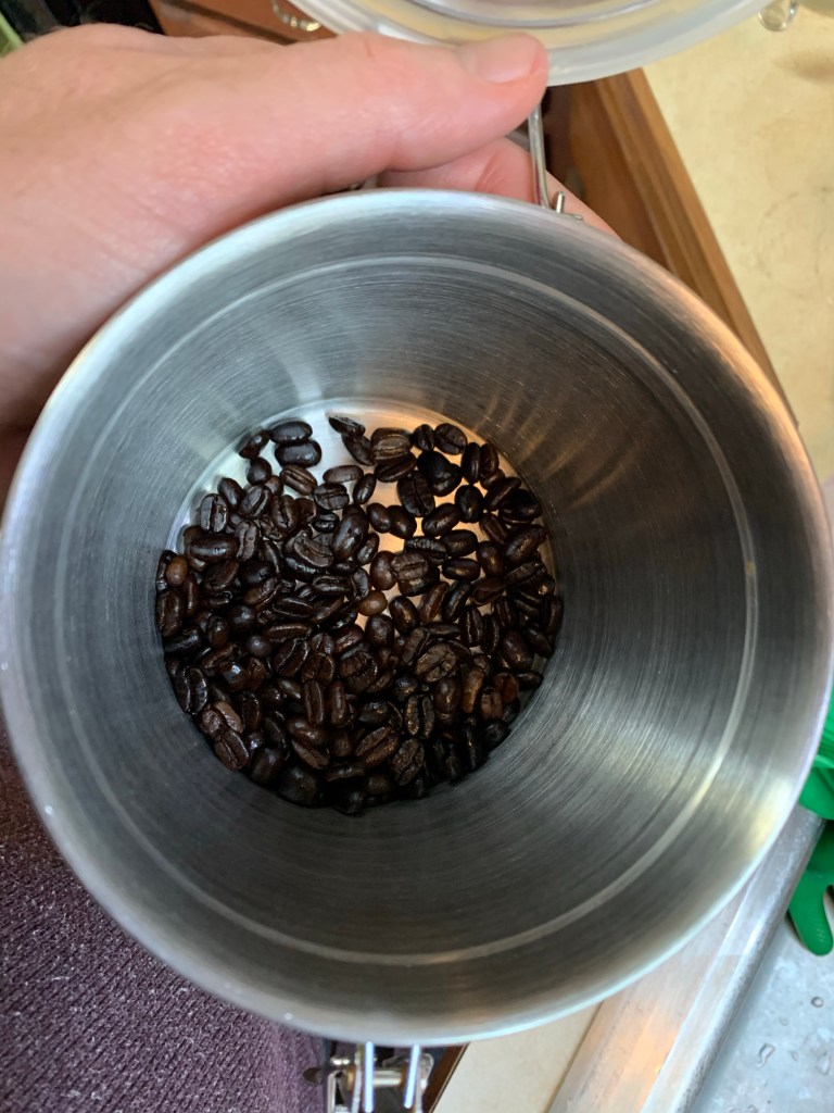 Canister of dark roasted Sumatran beans. Mmm. Roasty-toasty.